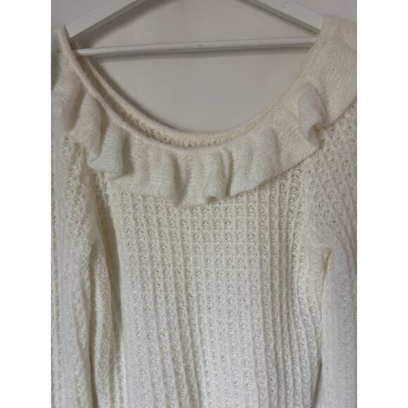 Anthropologie Sweater Large Womens Knit Cream Ruffle Open Knit - Picture 2 of 13